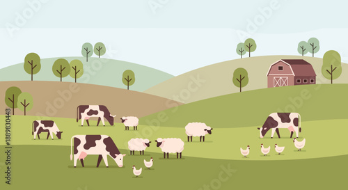 Pastoral farm scene with cows grazing in a sunlit pasture beside a distant barn and rolling hills.