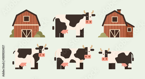 Pasture Farm Scene with Cows and Calves by Rustic Barns in a Rural Countryside.