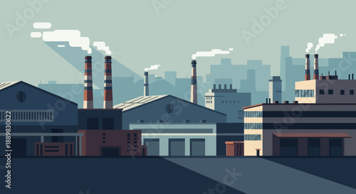 Industrial factories and smokestacks in a manufacturing district under a muted skyline.