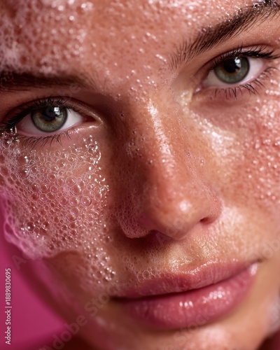Beauty Editorial Portrait of Adult Woman With Clean Face Covered in Bubbles During Skin Care Routine