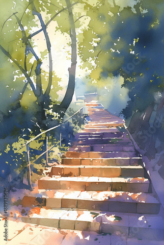 Watercolor illustration of a sunlit path with stairs leading up through a forest. Nature landscape painting representing a journey towards the light