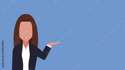 A standing businesswoman flat illustration on blue horizontal background with copy space for text.