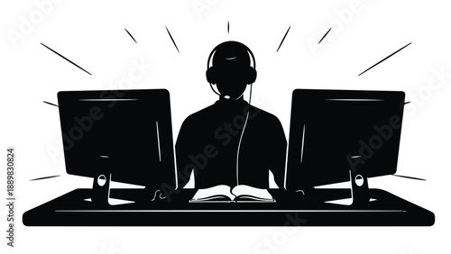 Focused individual working with dual monitors and headset, surrounded by radiating light.