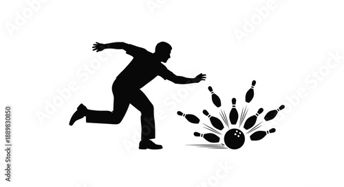 Silhouette of a bowler releasing a ball toward bowling pins