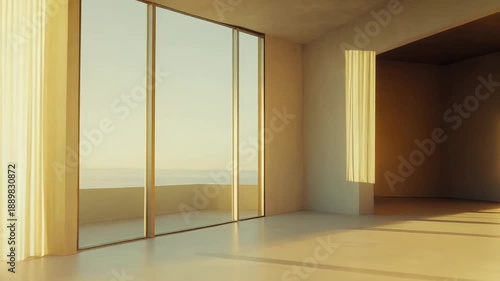 Wallpaper Mural Empty modern open concept room with panoramic windows and warm golden sunlight casting long shadows across clean white floors and walls, serene minimalist interior space Torontodigital.ca