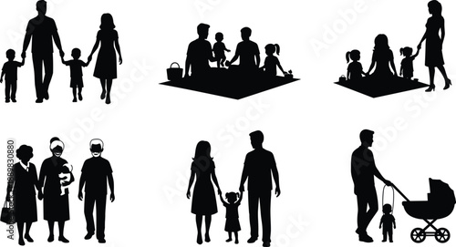 Family activity silhouettes, outdoor bonding, picnic scenes, stroller walk, diverse family groups, black icons, lifestyle concept, unity, love, interaction