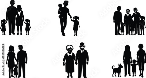 Family silhouettes, diverse generations, parents, children, grandparents, pet, black icons, vector illustration, social concept, lifestyle, relationships, bonding, unity, love, care, support