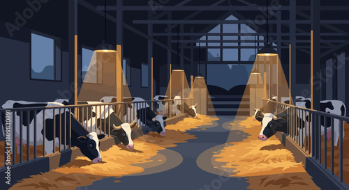 Dairy cows resting inside a sunlit barn with feeding stalls, hay and straw bedding in a peaceful rural farm scene.