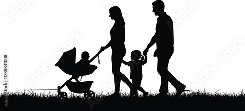 Family silhouettes, outdoor walk, stroller scene, parents and children, black icons, lifestyle concept, bonding, unity, love, caregiving, activity