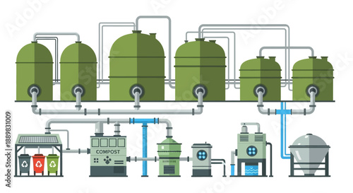 Industrial Plant and Refinery Complex Featuring Pipelines, Towers, and Tanks.