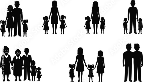 Family silhouettes, diverse compositions, single parent, multigenerational group, same-sex couples, black icons, lifestyle concept, unity, love, bonding, caregiving