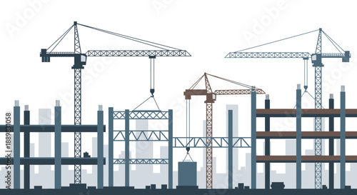 Under Construction: Cranes, scaffolding, and partially built structures dominate a busy industrial site.