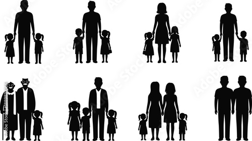 Family silhouettes, diverse compositions, single parent, multigenerational group, same-sex couples, black icons, lifestyle concept, unity, love, bonding, caregiving