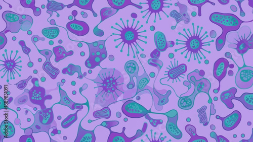 Abstract representation of microscopic organisms in vibrant purple and teal colors for scientific illustration.