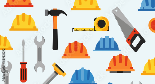 Assorted Construction Tools and Hard Hats Highlighting Industry Equipment.