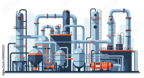 Industrial factory complex with interconnected pipes and processing equipment.
