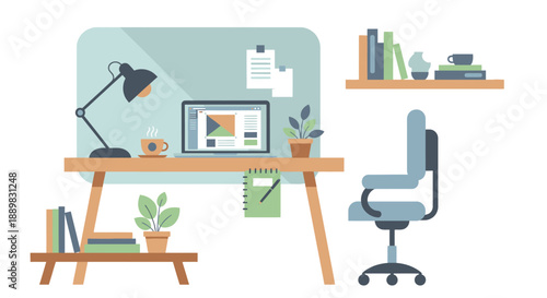 Cozy modern home office workspace with desk, computer and plants.