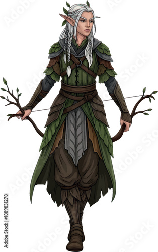 Fantasy female archer with bow and arrow green leafy costume.