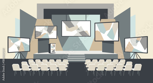 Modern lecture hall conference setup with multiple screens and stage seating.