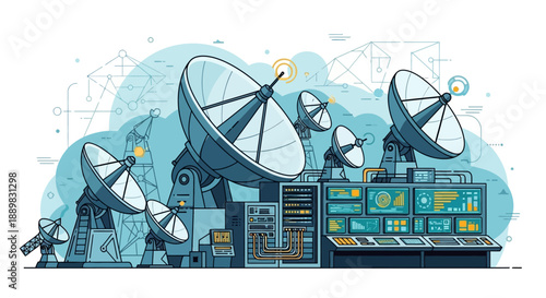 Modern communications hub with satellite dishes and data servers powering global connectivity.