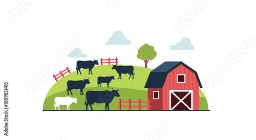 Pastoral farm landscape with cows grazing near a red barn on a sunny rural hillside.