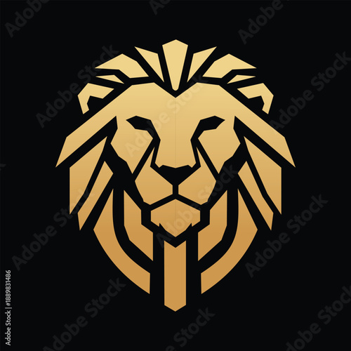 Geometric golden lion head logo icon on, stylized majestic animal emblem