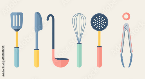Colorful collection of kitchen utensils and tools arranged in a row against a light background.