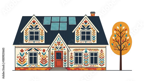 Illustrated suburban house with decorative facade and autumn tree.