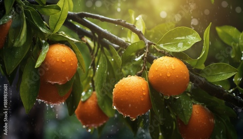 Fresh bright oranges hanging on a tree branch with dewdrops glistening in the sunlight