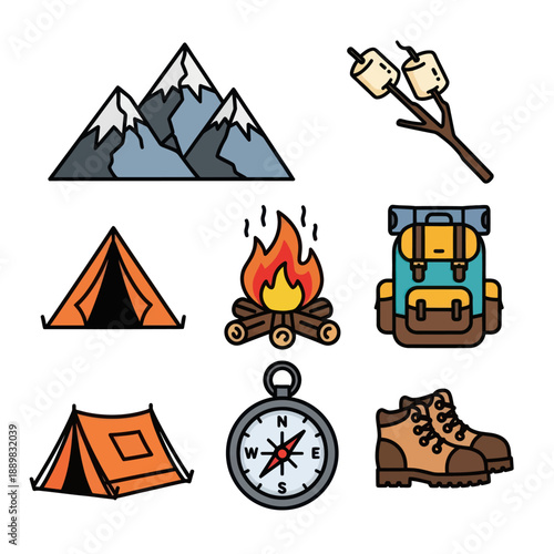 Camping Adventure Icons: Tent, Campfire, Marshmallows, Backpack, Compass, Boots, Mountains