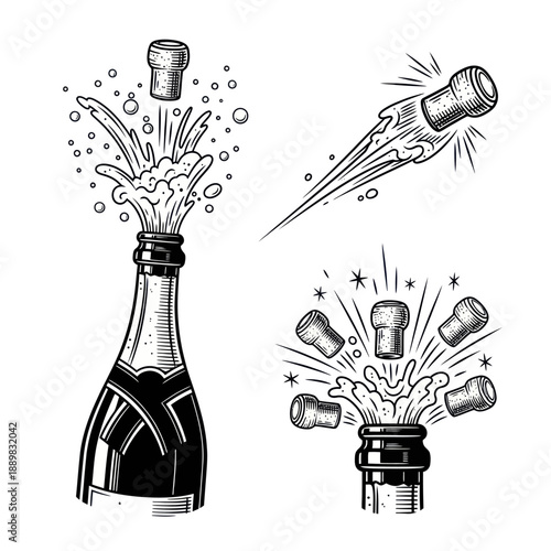 Champagne Bottle Popping Corks and Splashing Liquid