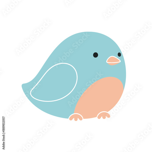 Cute cartoon blue bird with peach belly and white outline, isolated on white background