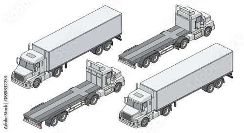 Isometric illustration of four semi-trucks with different trailer types on a white background.