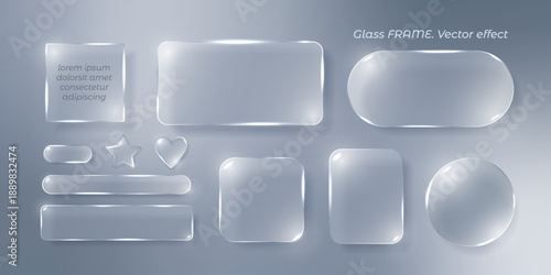 A set of frames with glass effects with shining edges and highlights. White, translucent geometric shapes, heart shape, stars. Designing UI UX elements for websites and user interfaces.
