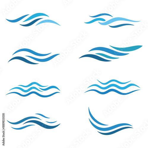 Blue water wave icon set with flowing ocean lines for spa marine summer design, modern abstract wave symbols vector collection.
