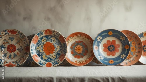 Colorful ceramic plates displayed on a shelf at a craft shop in the afternoon light