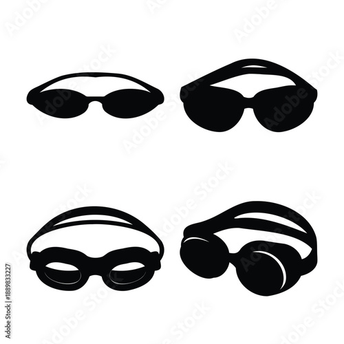 Stylized black silhouettes of various eyewear designs, featuring sunglasses and swimming goggles