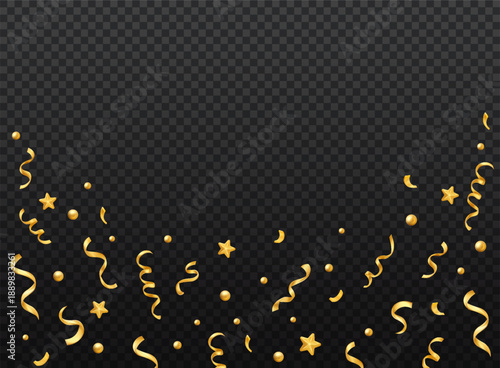 Bottom border made of golden confetti, ribbons and stars isolated on transparent background. Decorative festive element for banners, headers, luxury design and promotions.