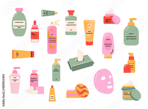Flat illustration set of cosmetic and skincare products including bottles, tubes, jars and facial mask. Beauty, skincare routine, self care, cosmetics packaging and personal care concept.