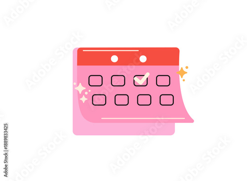 Flat illustration of a calendar with a check mark highlighting a selected date. Concept of planning, scheduling, productivity, reminders and task management for business.