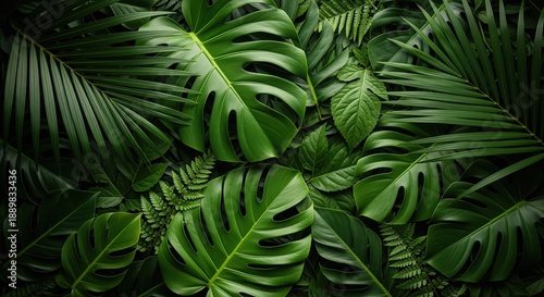 Lush green tropical leaves with split patterns and feathery fronds create a vibrant natural canopy. Perfect for botanical designs, wellness content, nature backgrounds, and eco-friendly projects.