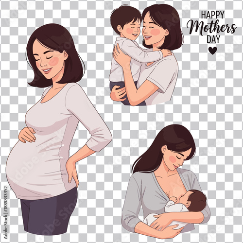 Illustrations celebrating motherhood, showing a pregnant woman, a mother hugging her child, and breastfeeding, embodying maternal love and family
