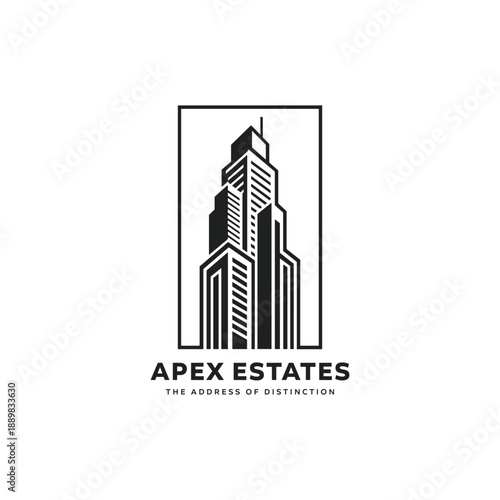 Real estate building logo for apex estates property and construction company branding, modern skyscraper icon vector emblem design.

