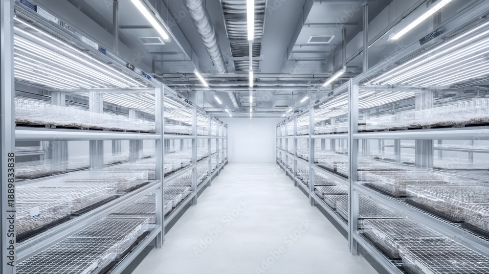Fototapeta premium Modern Mushroom Growing Facility With Efficient Lighting and Clean Space for Optimal Cultivation