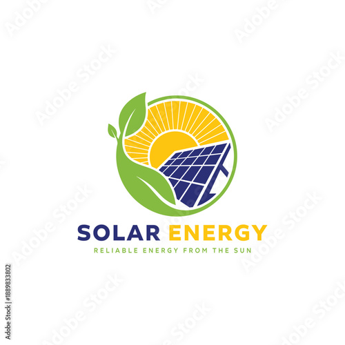 Solar energy logo with sun leaf and solar panel icon for renewable green power company branding, modern eco vector emblem design.

