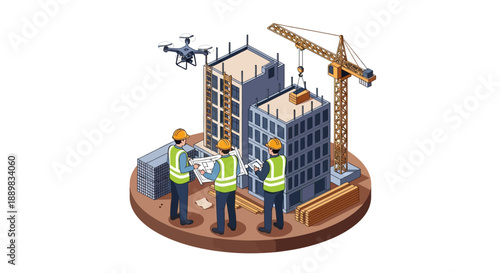 Isometric illustration of two construction workers discussing plans with a drone and crane in a building site