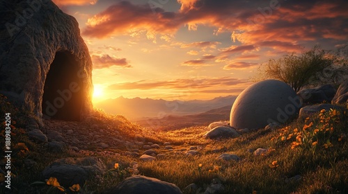 A serene landscape of an empty tomb at sunrise, symbolizing hope and renewal on Easter morning