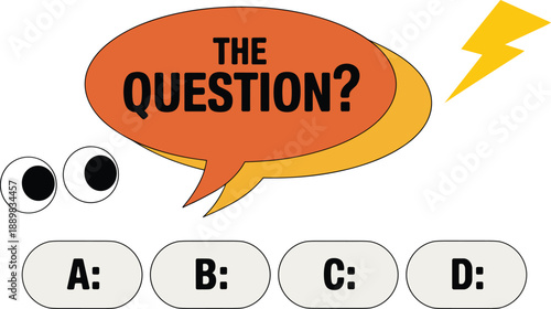 Multiple-choice question graphic with bold text, cartoon eyes, and answer buttons, perfect for quizzes, education, and interactive learning designs.