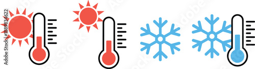 Weather icons showing extreme temperature conditions with hot sun and cold snowflake symbols, ideal for climate change, forecast, and seasonal illustration themes.