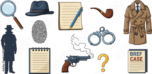Detective investigation icons set isolated on white background featuring crime solving tools, mystery elements, private investigator equipment, and classic noir symbols